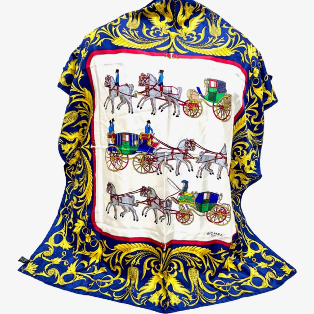 RICHEL Paris Silk Satin Scarf 34" blue gold white horse carriage, Italy Made(57 - Picture 2 of 9